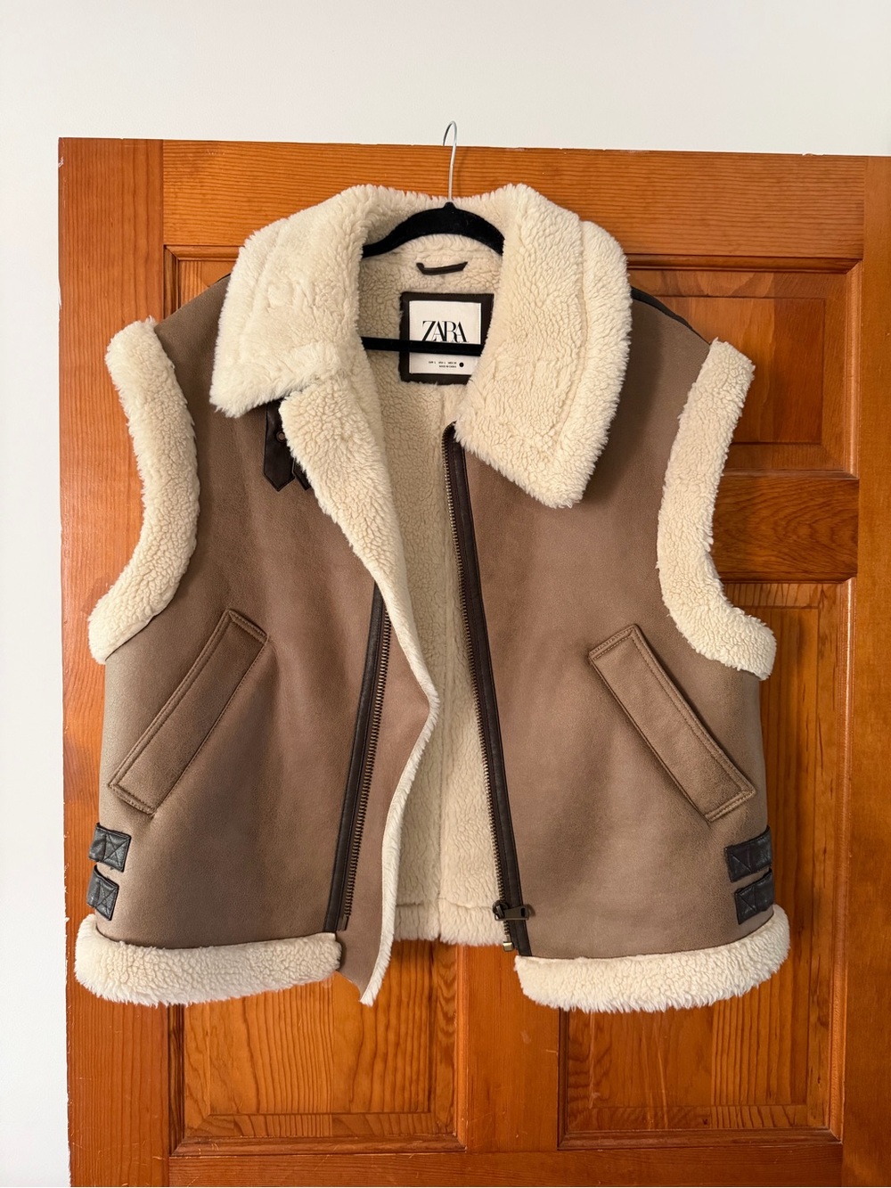 Zara Taupe Suede-Look Shearling Vest with Cream Lining